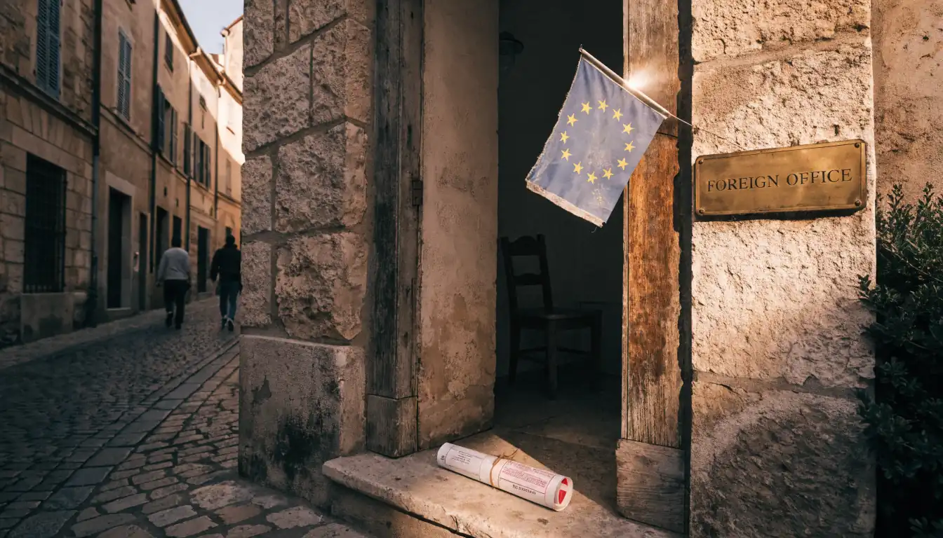 Foreign brass nameplate on Mediterranean office doorway with rolled certificate